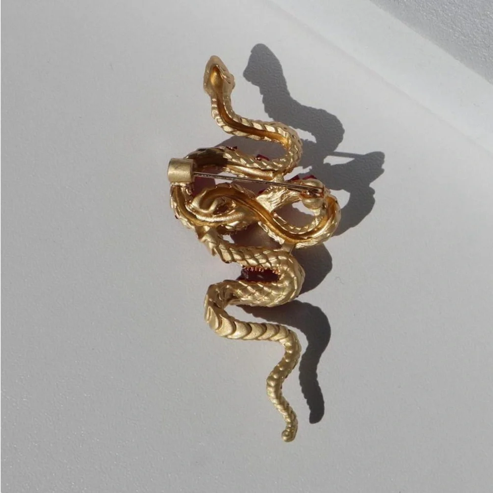 Red Crystal Snake Brooch – Gold-Tone Serpent Statement Pin
